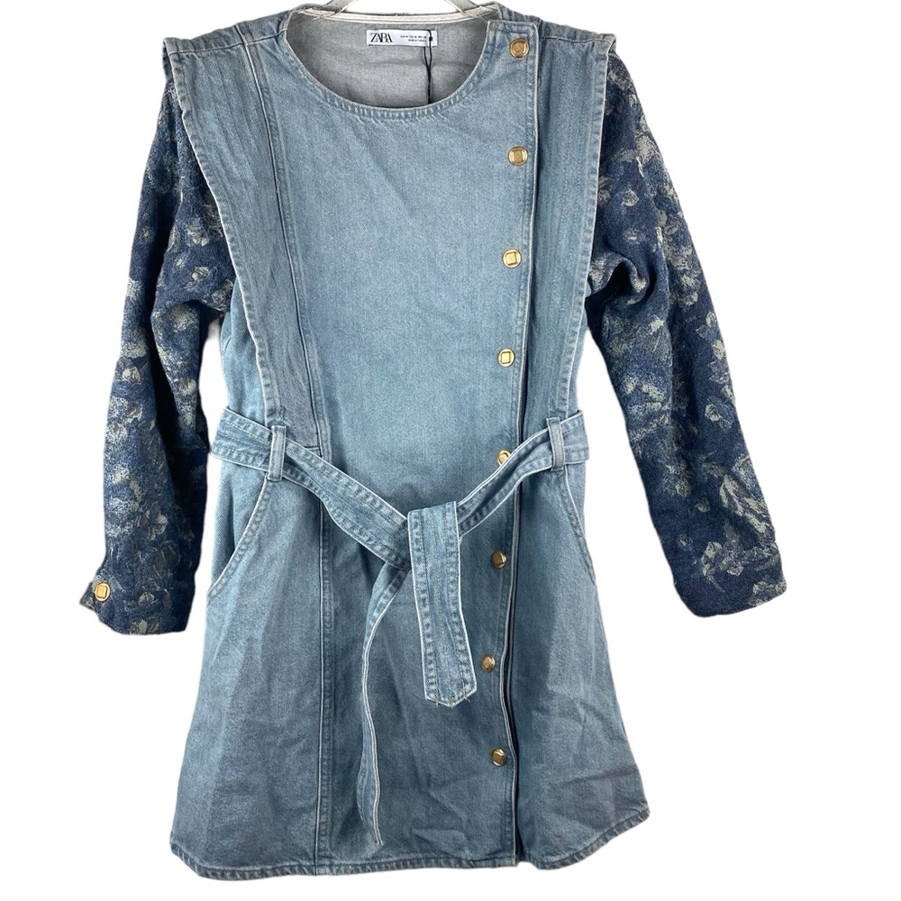 Zara Mixed Media Button Up Mini Dress Denim Jacquard Long Jacket NWT - Picture 2 of 9